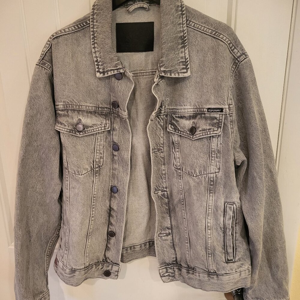 Superdry Mens Highwayman Trucker Jacket, Relaxed Fit Frank Vintage Grey Size L